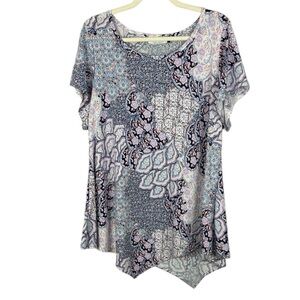 Star Vixen Blue Pink Paisley Floral Short Sleeve Handkerchief Hem Draped 3X Top